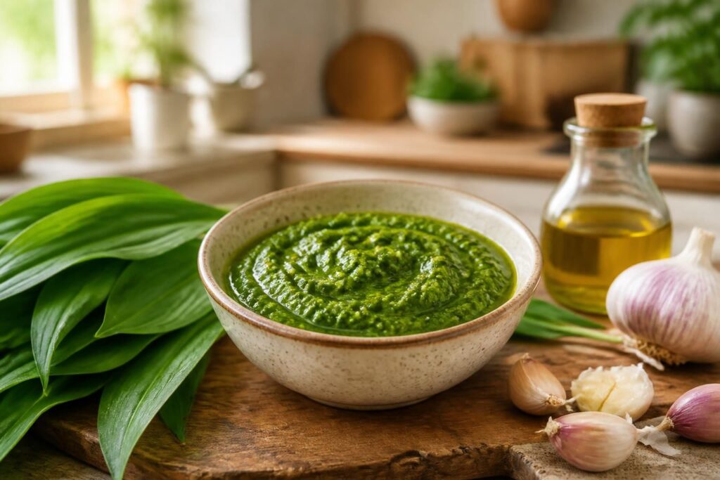 découvrez notre recette savoureuse de pesto d'ail des ours, idéale pour rehausser vos plats avec une touche fraîche et aromatique.