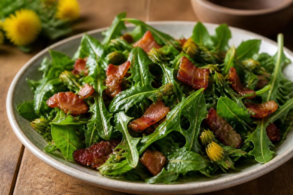 découvrez notre recette originale de salade de pissenlit au lard croustillant et boutons confits, pour une entrée savoureuse et pleine de fraîcheur.